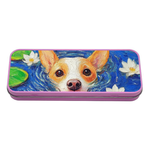 Dog swimming in lake - tin pencil case by DejaReve