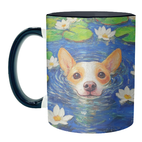Dog swimming in lake - unique mug by DejaReve