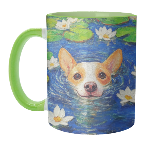 Dog swimming in lake - unique mug by DejaReve