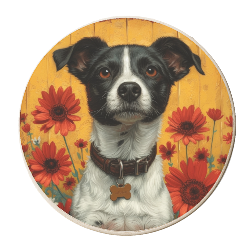 Dog with red flowers - personalised beer coaster by DejaReve