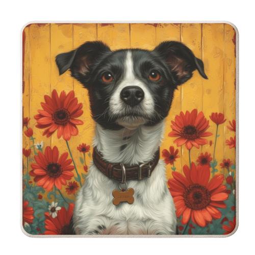 Dog with red flowers - personalised beer coaster by DejaReve