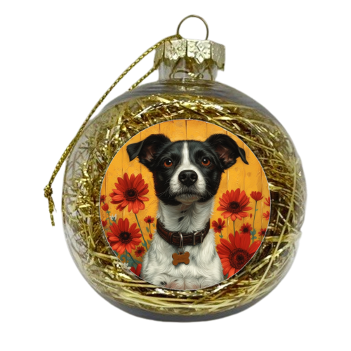 Dog with red flowers - xmas bauble by DejaReve