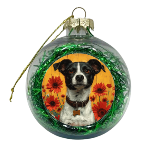Dog with red flowers - xmas bauble by DejaReve