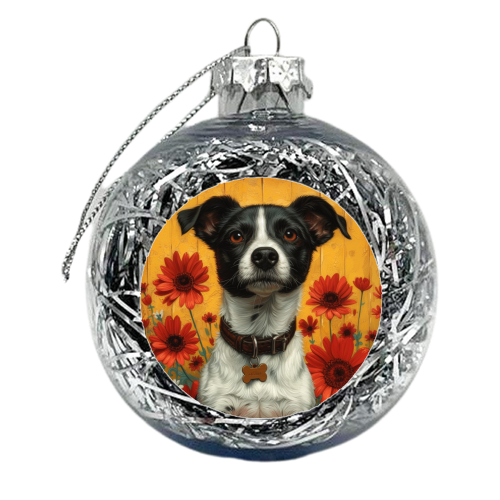 Dog with red flowers - xmas bauble by DejaReve