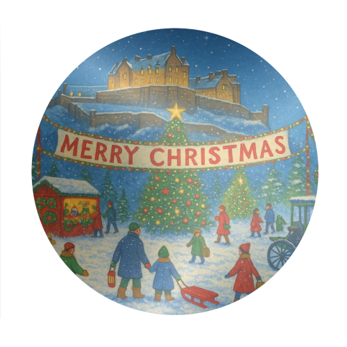 Edinburgh Castle at Christmas - Circle Sticker by Ms Doodle