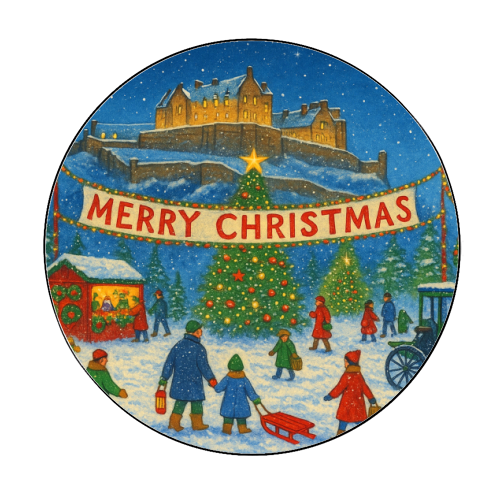 Edinburgh Castle at Christmas - Circle Sticker by Ms Doodle