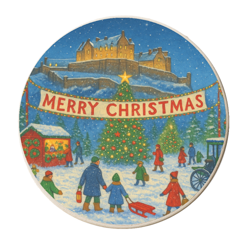 Edinburgh Castle at Christmas - personalised beer coaster by Ms Doodle