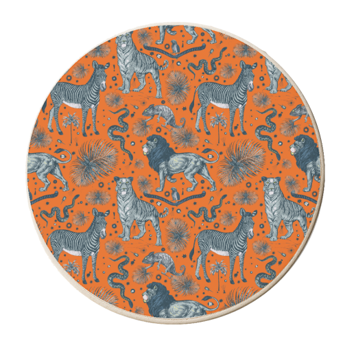 Exotic Jungle Animal Print - Lions, Zebras & Tigers in Orange - personalised beer coaster by Wallace Elizabeth