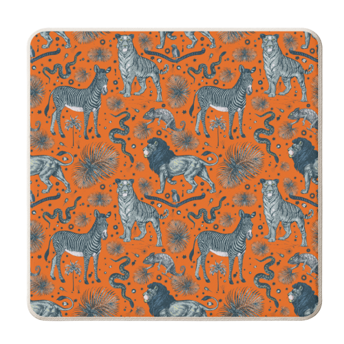 Exotic Jungle Animal Print - Lions, Zebras & Tigers in Orange - personalised beer coaster by Wallace Elizabeth