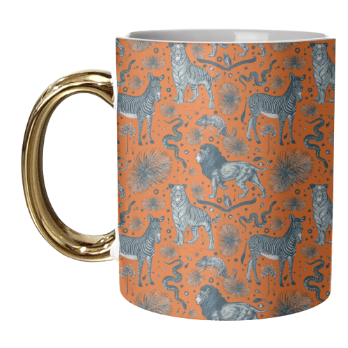 Exotic Jungle Animal Print - Lions, Zebras & Tigers in Orange - unique mug by Wallace Elizabeth