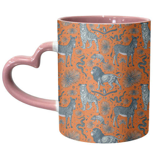 Exotic Jungle Animal Print - Lions, Zebras & Tigers in Orange - unique mug by Wallace Elizabeth