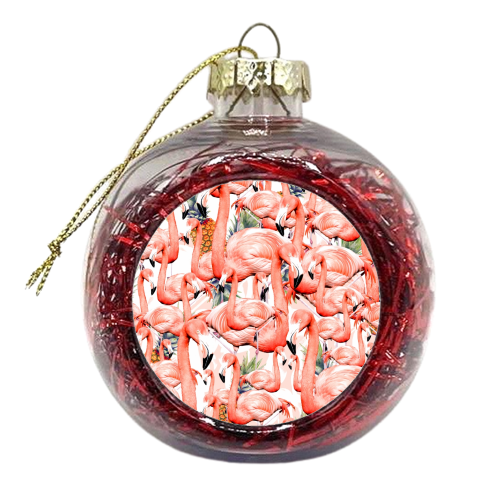 Exotic landscape pattern of flamingos and pineapple - xmas bauble by MMarta BC
