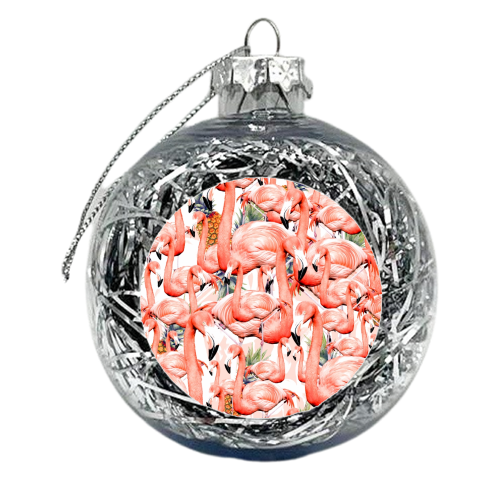 Exotic landscape pattern of flamingos and pineapple - xmas bauble by MMarta BC