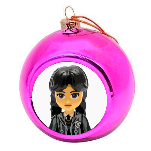 Face of Wednesday Addams - colourful christmas bauble by David Bond