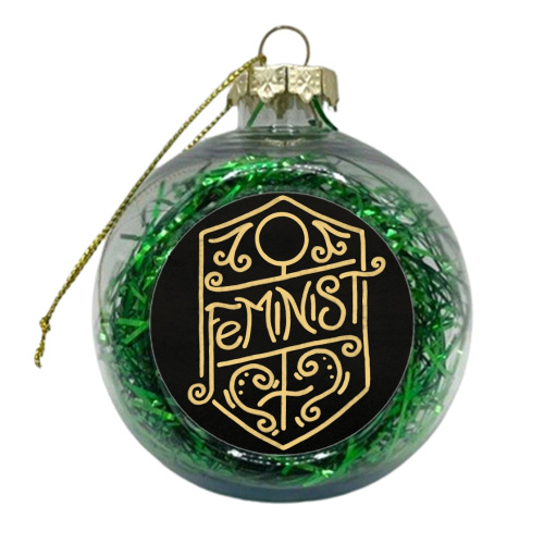 Feminist Calligraphy Art Nouveau Gold & Black Ornate Flourish - xmas bauble by A Rose Cast - Karen Murray