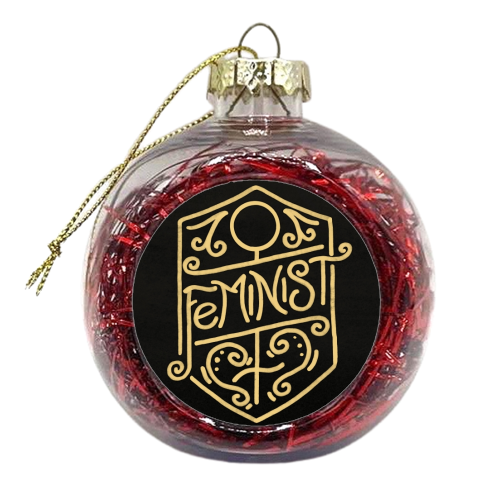 Feminist Calligraphy Art Nouveau Gold & Black Ornate Flourish - xmas bauble by A Rose Cast - Karen Murray