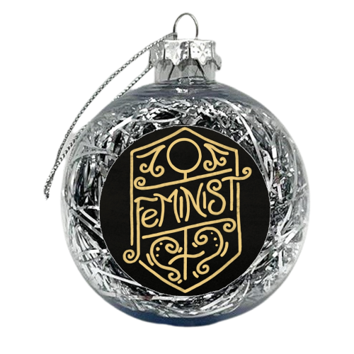 Feminist Calligraphy Art Nouveau Gold & Black Ornate Flourish - xmas bauble by A Rose Cast - Karen Murray