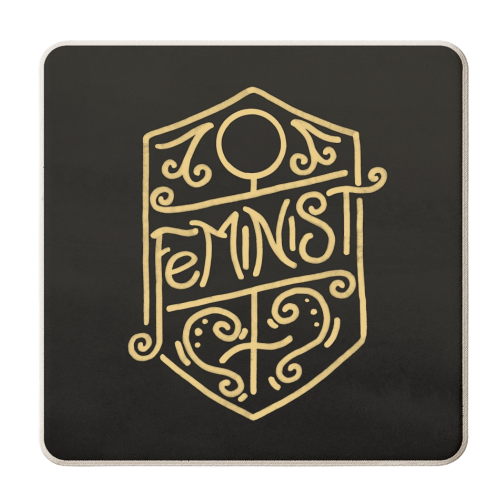 Feminist Calligraphy Art Nouveau Gold & Black Ornate Flourish - personalised beer coaster by A Rose Cast - Karen Murray