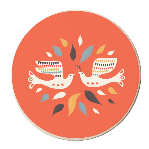 Festive doves - folk illustration - personalised beer coaster by Ania Wieclaw