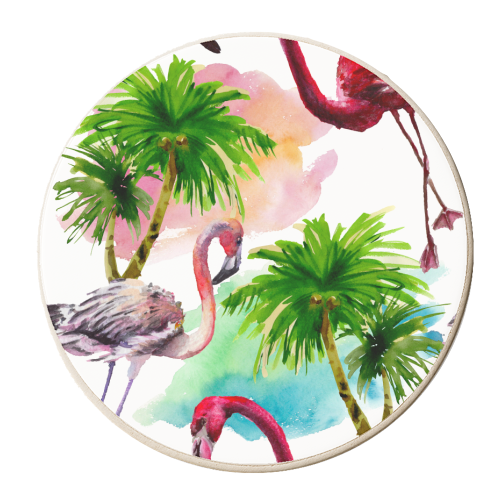 flamingo birds and palm trees - personalised beer coaster by Anastasios Konstantinidis