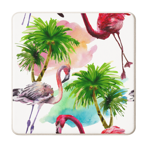 flamingo birds and palm trees - personalised beer coaster by Anastasios Konstantinidis
