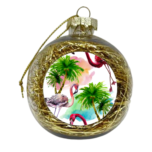 flamingo birds and palm trees - xmas bauble by Anastasios Konstantinidis