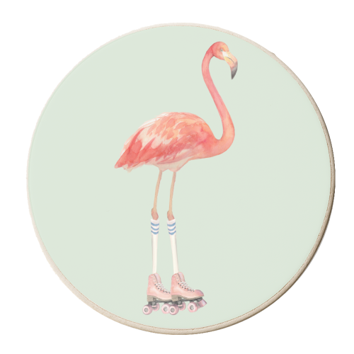 Flamingo roller skating - personalised beer coaster by Beth Reed