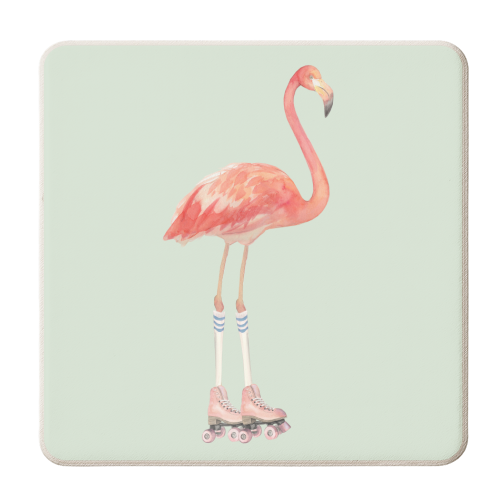 Flamingo roller skating - personalised beer coaster by Beth Reed