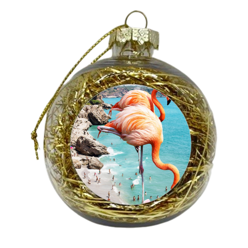 Flamingos on the Beach, Wildlife Surrealism Birds, Nature Flamingo Fantasy Beach Summer Photography - xmas bauble by Uma Prabhakar Gokhale
