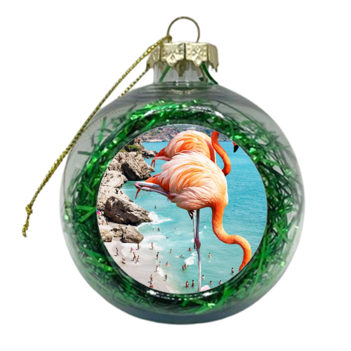 Flamingos on the Beach, Wildlife Surrealism Birds, Nature Flamingo Fantasy Beach Summer Photography - xmas bauble by Uma Prabhakar Gokhale