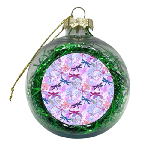 Floral and Dragonflies on Painted Background - xmas bauble by Kirsten Star