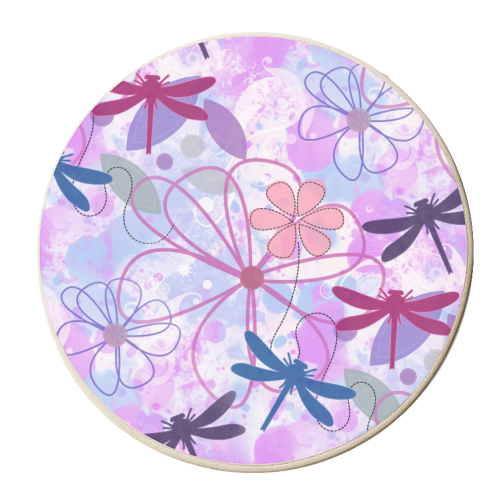 Floral and Dragonflies on Painted Background - personalised beer coaster by Kirsten Star