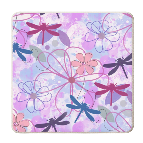 Floral and Dragonflies on Painted Background - personalised beer coaster by Kirsten Star