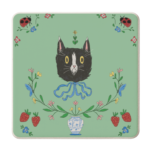 Floral Cat- Black and White - personalised beer coaster by charlotte blunden