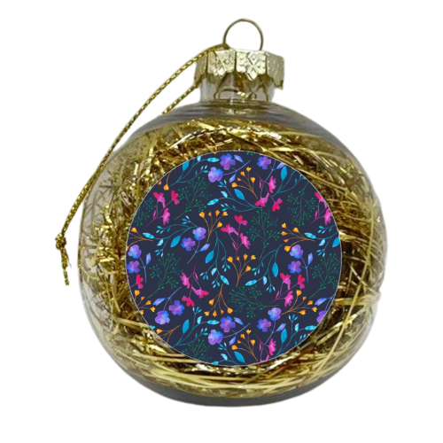 Fluro Floral Watercolour Sprig Pattern  Navy - xmas bauble by Dizzywonders