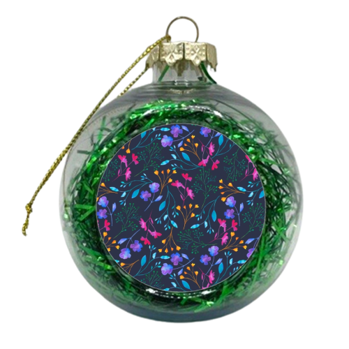 Fluro Floral Watercolour Sprig Pattern  Navy - xmas bauble by Dizzywonders