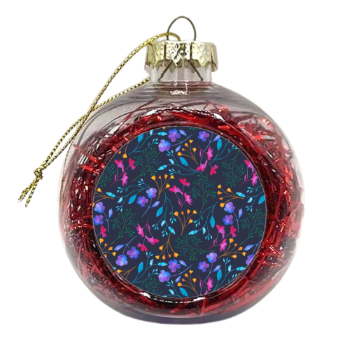 Fluro Floral Watercolour Sprig Pattern  Navy - xmas bauble by Dizzywonders