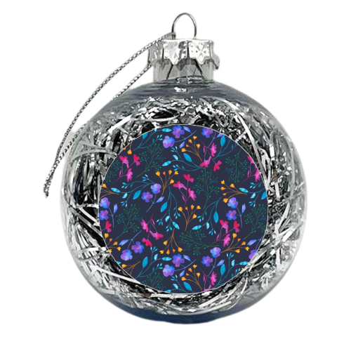 Fluro Floral Watercolour Sprig Pattern  Navy - xmas bauble by Dizzywonders