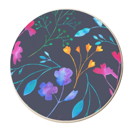 Fluro Floral Watercolour Sprig Pattern  Navy - personalised beer coaster by Dizzywonders