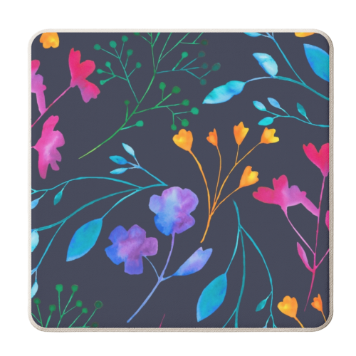 Fluro Floral Watercolour Sprig Pattern  Navy - personalised beer coaster by Dizzywonders