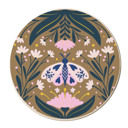 Folk Art Moth - golden brown - personalised beer coaster by Angela Minca