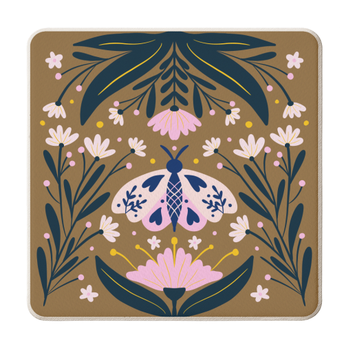 Folk Art Moth - golden brown - personalised beer coaster by Angela Minca