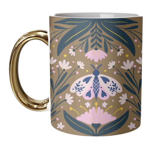 Folk Art Moth - golden brown - unique mug by Angela Minca