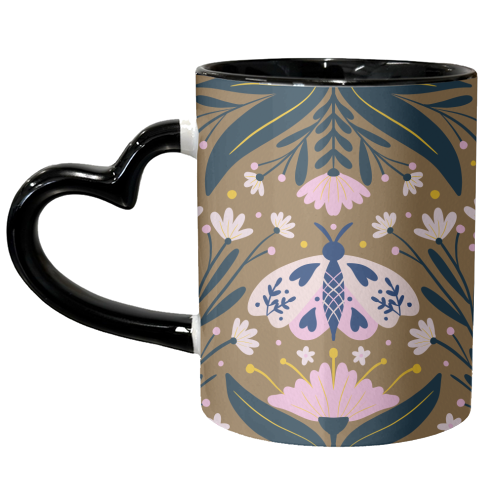 Folk Art Moth - golden brown - unique mug by Angela Minca