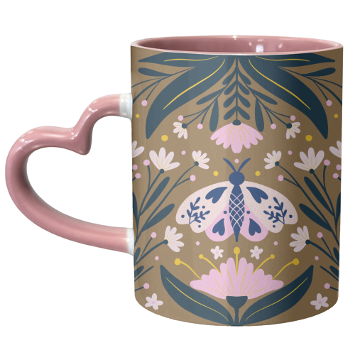 Folk Art Moth - golden brown - unique mug by Angela Minca