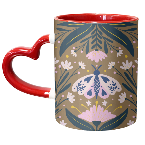 Folk Art Moth - golden brown - unique mug by Angela Minca