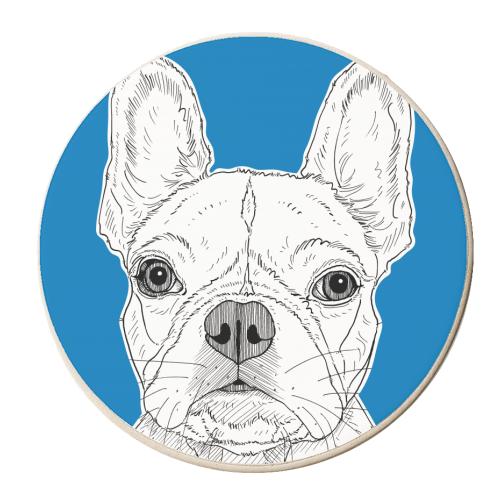 French Bulldog Portrait ( blue background ) - personalised beer coaster by Adam Regester