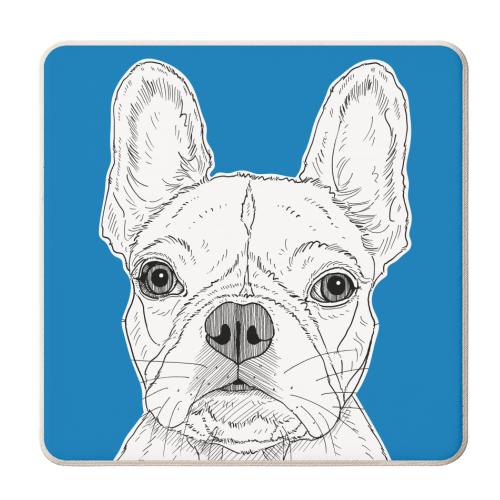 French Bulldog Portrait ( blue background ) - personalised beer coaster by Adam Regester