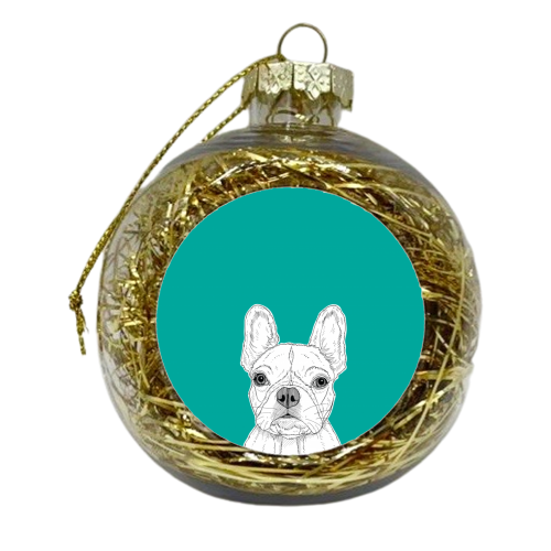 French Bulldog Portrait ( teal background ) - xmas bauble by Adam Regester
