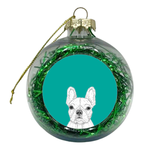French Bulldog Portrait ( teal background ) - xmas bauble by Adam Regester